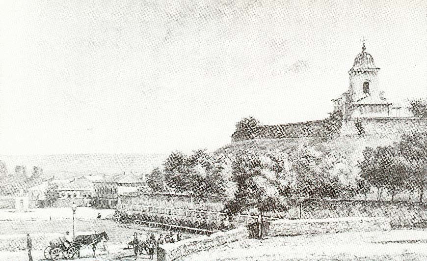 Mazaraki Church and City Spring in Chisinau. Engraving by A. Zubchaninov (late 19th century)