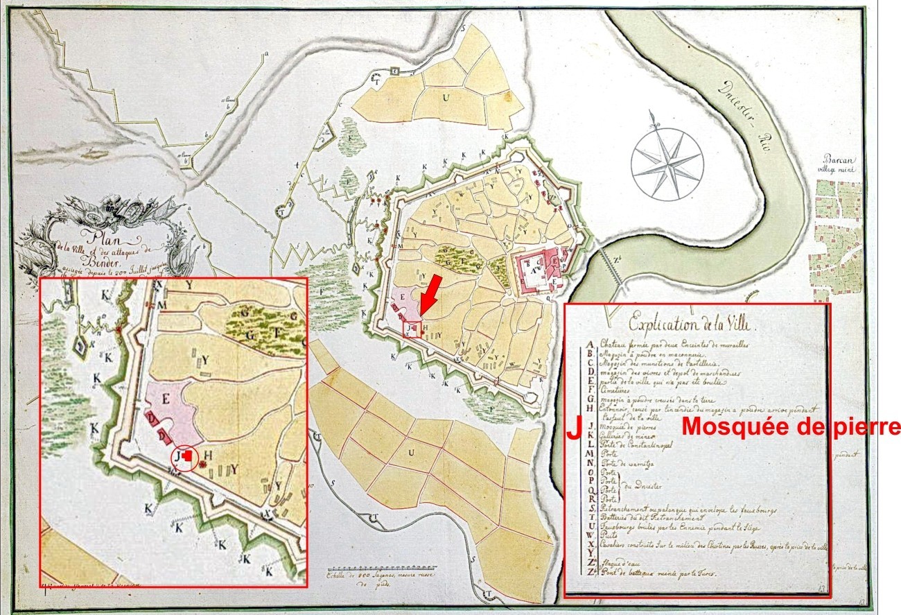 Harta perioadei asediului cetății Bendery din 1770, care arată moscheea de sub nr. 6