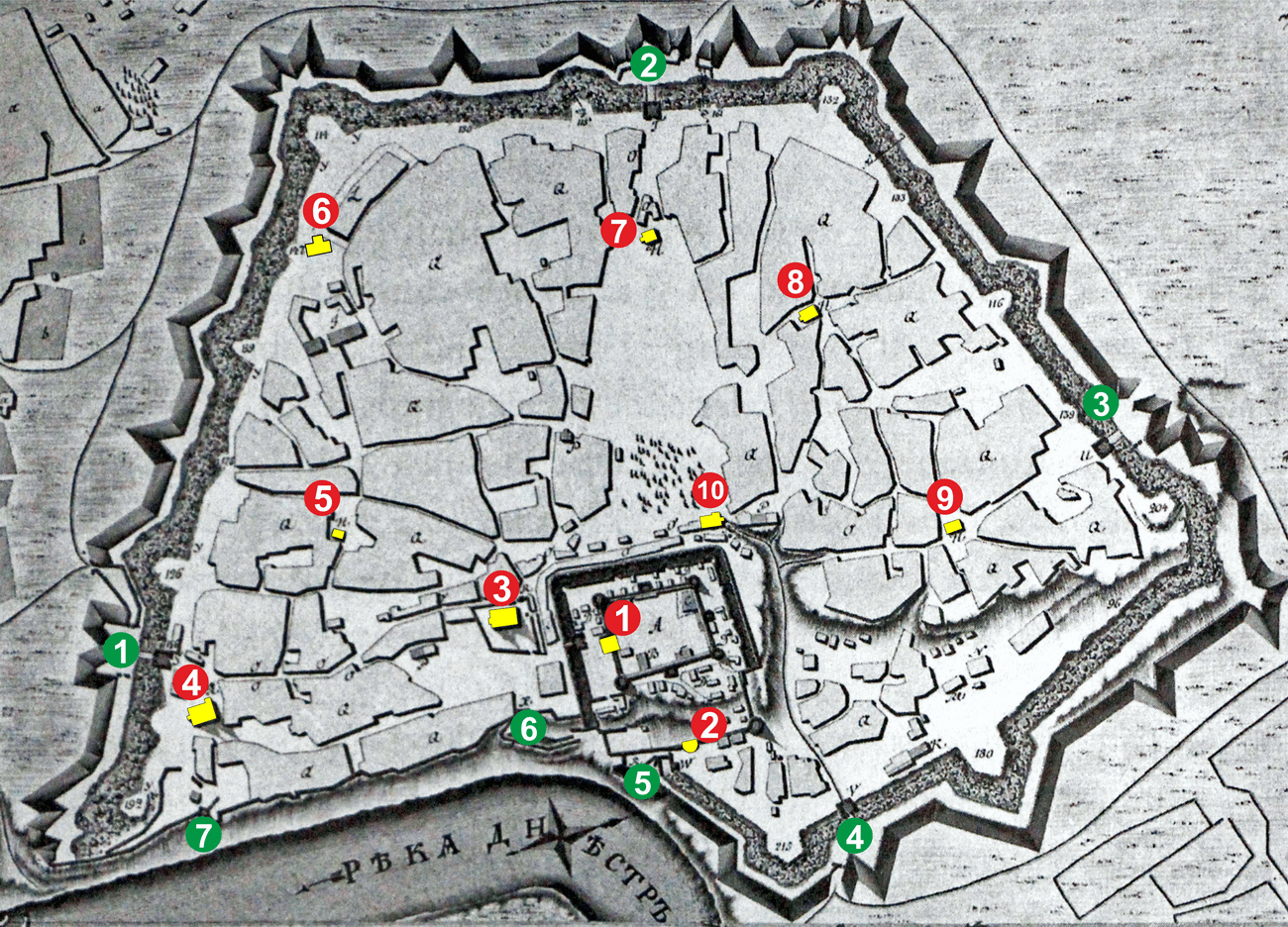  1790 map showing mosques highlighted with reference to gates