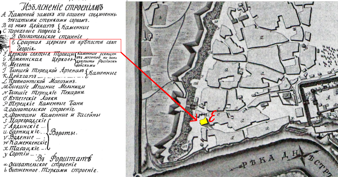 Decuparea de pe harta cetății Bendery din 1790 indicând locația Bisericii Sf. Gheorghe pe hartă