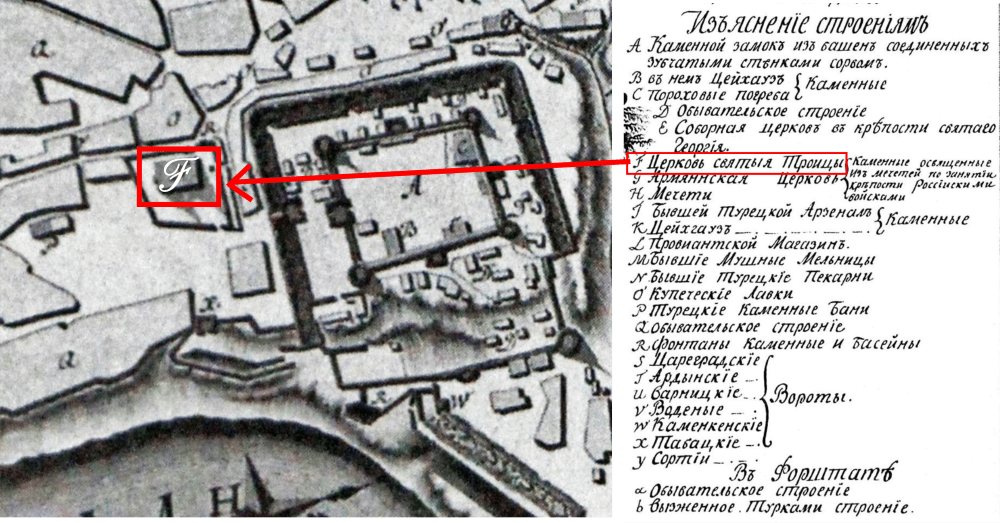Clipping from the map of the Bendery fortress of 1790 indicating the location of the Church of the Holy Trinity on the map
