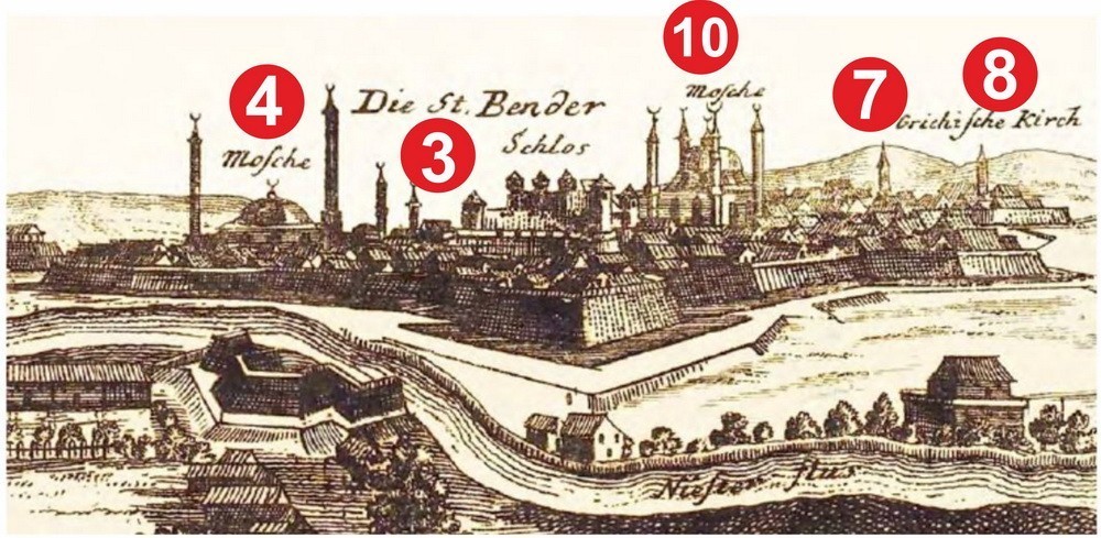 Engraving 1730-40. indicating the location of mosques